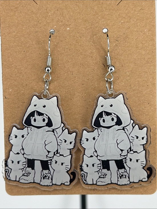 Fashion Jewelry Jewelry - Cat Hoodie Girl Acrylic Dangle Earrings - Black & White Fashion Jewelry